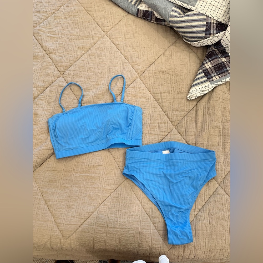 Blue high waisted target ribbed bikini